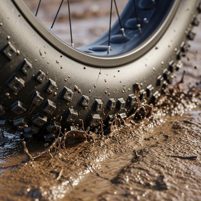 Gros plan sur les crampons d'un pneu large de Fat Bike s'enfonçant dans la boue, avec le texte Adhérence Totale en lettres blanches