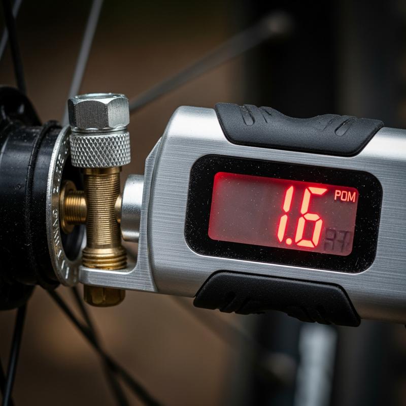Gros plan d'un manomètre digital affichant 1.6 connecté à une valve de VTT, avec la mention Réglage Précis superposée
