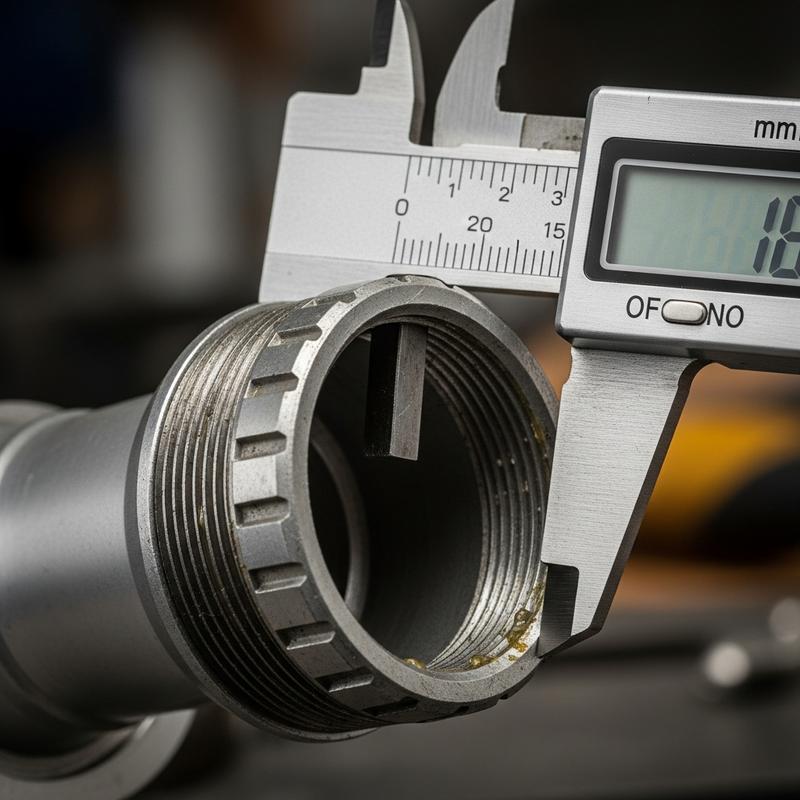 Gros plan sur un pied à coulisse numérique mesurant le filetage métallique d'un boîtier de pédalier de vélo sur fond d'atelier flou