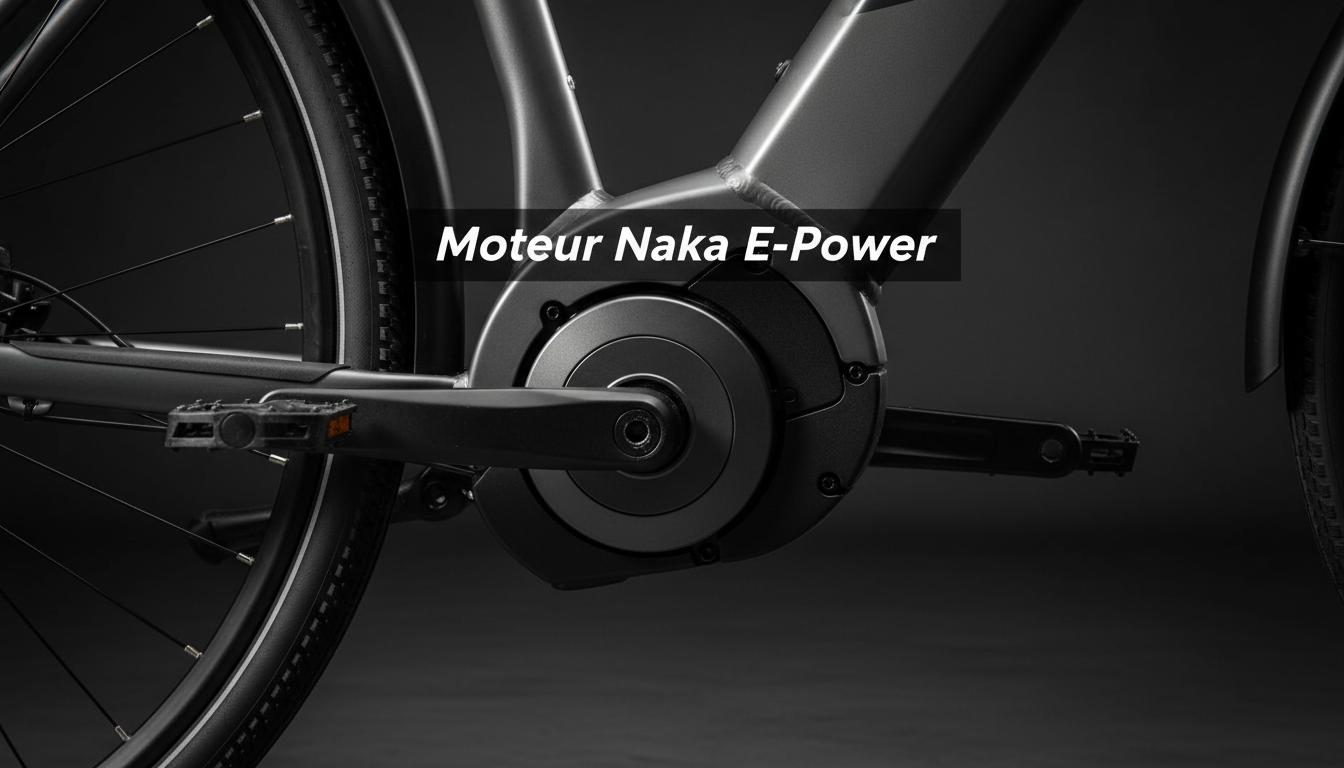 Gros plan technique du carter moteur Naka E-Power au niveau du pédalier d'un Nakamura E-Crossover avec l'inscription Moteur Naka E-Power