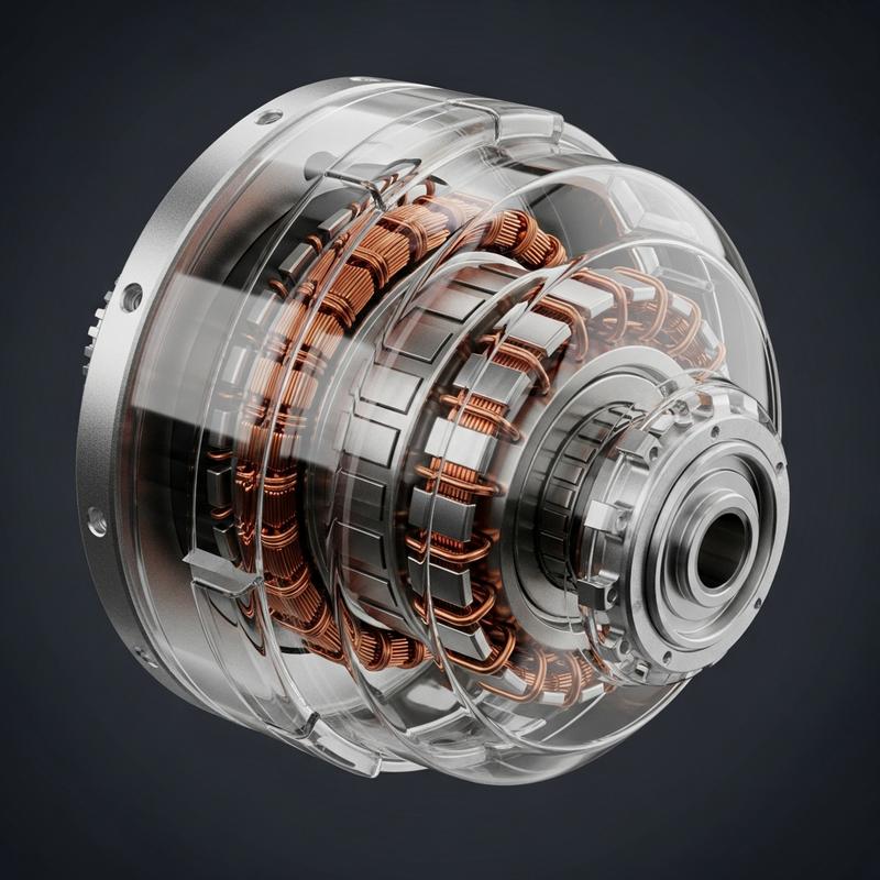 Vue en coupe 3D d'un moteur central de vélo électrique révélant bobines de cuivre et engrenages sous un boîtier transparent sur fond sombre