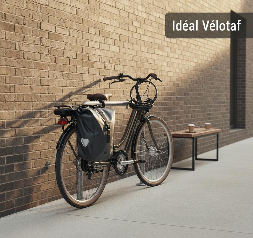 Vélo électrique Nakamura E-Crossover V LTD équipé d'une sacoche, garé contre un mur en brique avec la mention Idéal Vélotaf