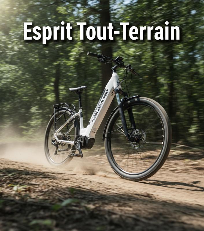 VTC électrique Nakamura E-Crossover XV montant un sentier forestier poussiéreux en contre-plongée, avec le texte 'Esprit Tout-Terrain' superposé