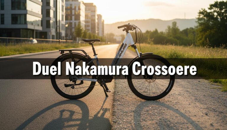 Vélo électrique Nakamura E-Crossover XV stationné entre route bitumée et chemin de gravier, texte superposé Duel Nakamura Crossover