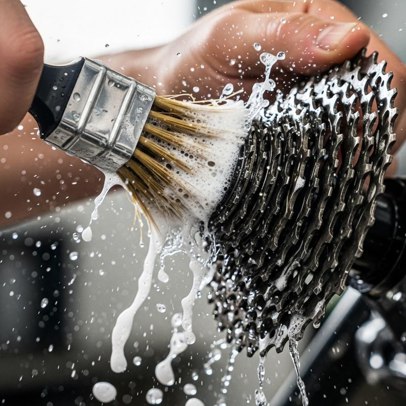 Gros plan sur une main frottant une cassette de vélo avec une brosse rigide et du dégraissant moussant pour éliminer le cambouis