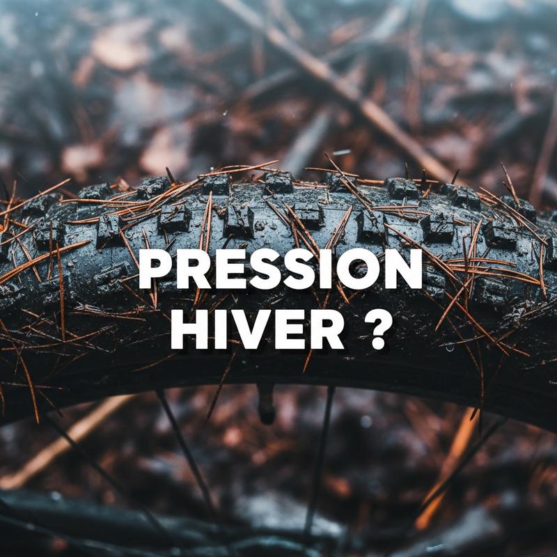 Gros plan sur un pneu VTT couvert de boue et d'épines de pin en forêt, avec le texte superposé Pression Hiver ?