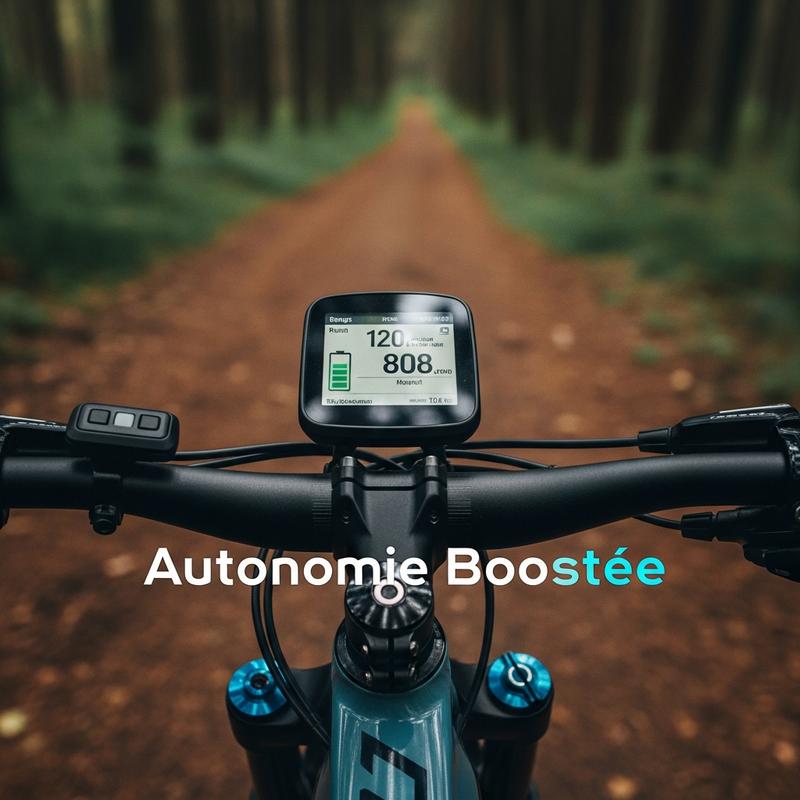 Vue subjective du guidon d'un VTT électrique, écran affichant une batterie pleine sur fond de forêt floue, avec le texte superposé Autonomie Boostée