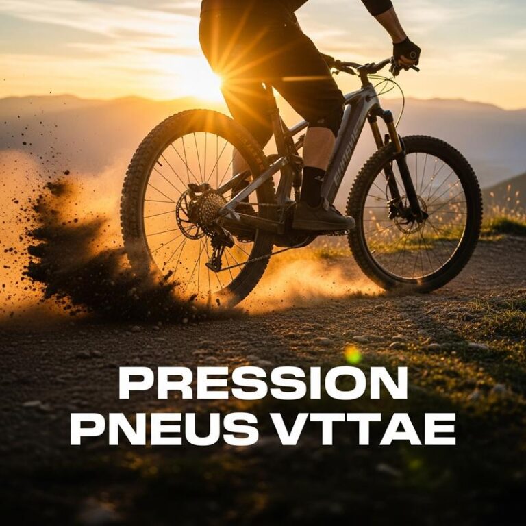 Pneu arrière d'un VTTAE comprimé sur un sentier poussiéreux au crépuscule, avec le texte superposé Pression Pneus VTTAE
