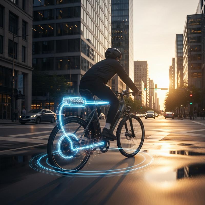 Vélo électrique en ville avec un tracé filaire bleu lumineux illustrant le flux d'énergie de la batterie au moteur.