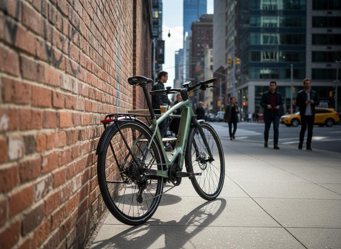 Vélo électrique Trek FX+ au design épuré appuyé contre un mur en briques dans un quartier urbain ensoleillé