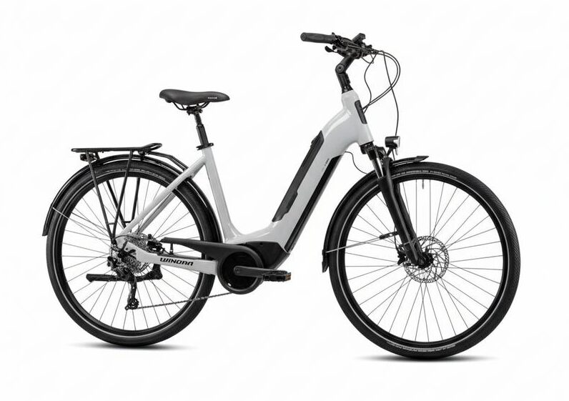 Vélo électrique Winora Tria 10 en vue trois-quarts avant sur fond blanc, mettant en valeur la géométrie du cadre et le moteur central