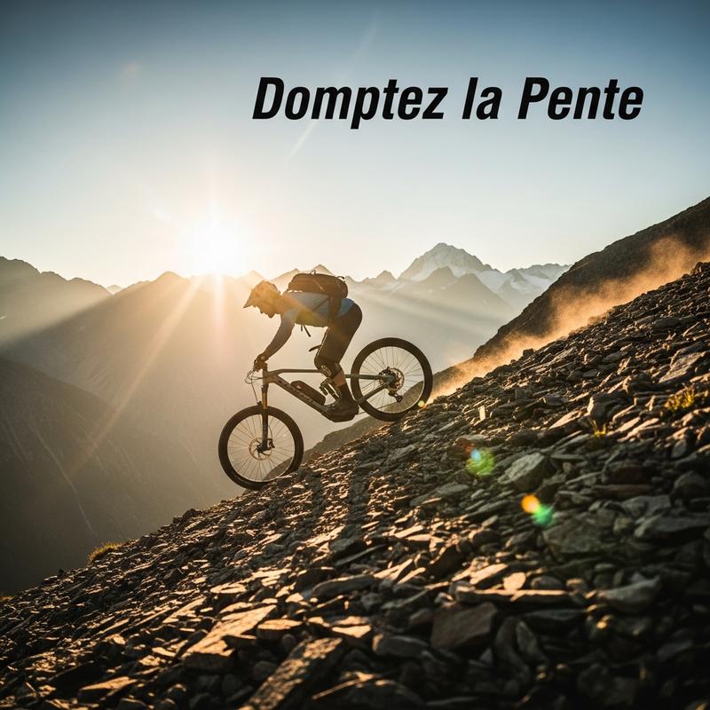 VTT électrique performant gravissant une pente rocheuse abrupte au coucher du soleil, avec le texte superposé Domptez la Pente