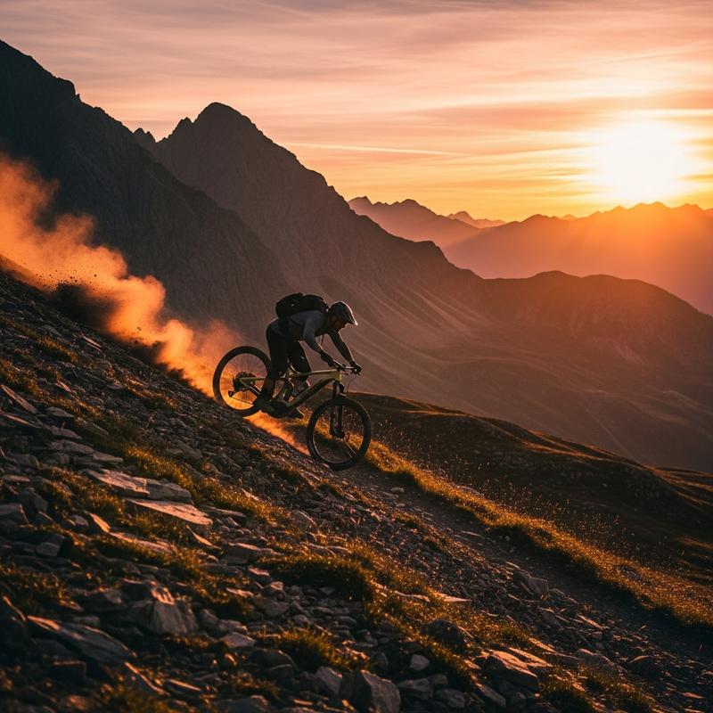 Vététiste dévalant un sentier alpin rocheux au coucher du soleil sur un VTT équipé d'un moteur pédalier et d'une batterie sur cadre