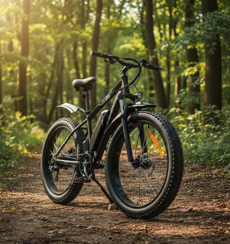 VTT électrique Isinwheel M60 à gros pneus posé sur un sentier forestier ensoleillé