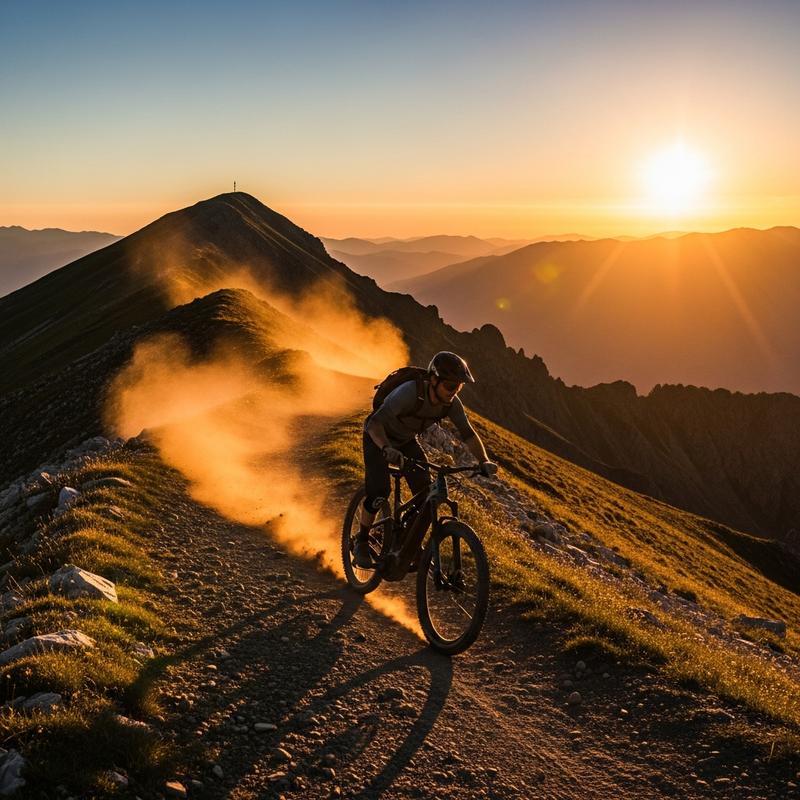 Vététiste dévalant une crête en VTT électrique au coucher du soleil, la lumière dorée illuminant la poussière soulevée par la roue arrière