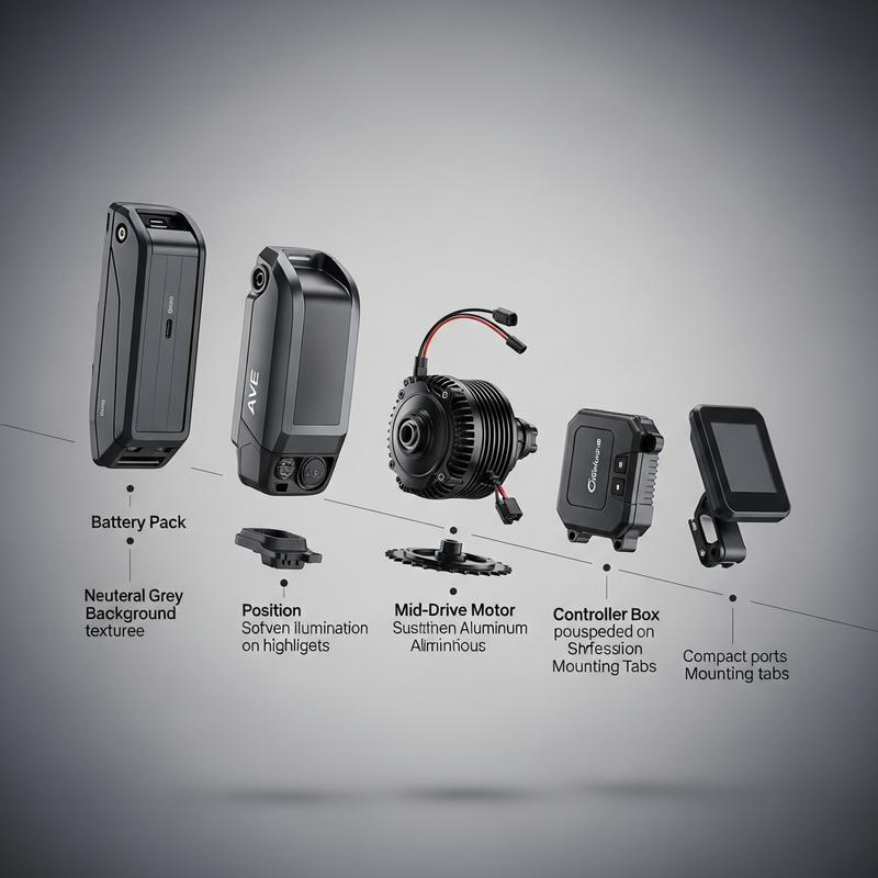 Vue éclatée des composants principaux d'un vélo électrique : batterie, moteur pédalier, contrôleur et écran suspendus sur fond gris