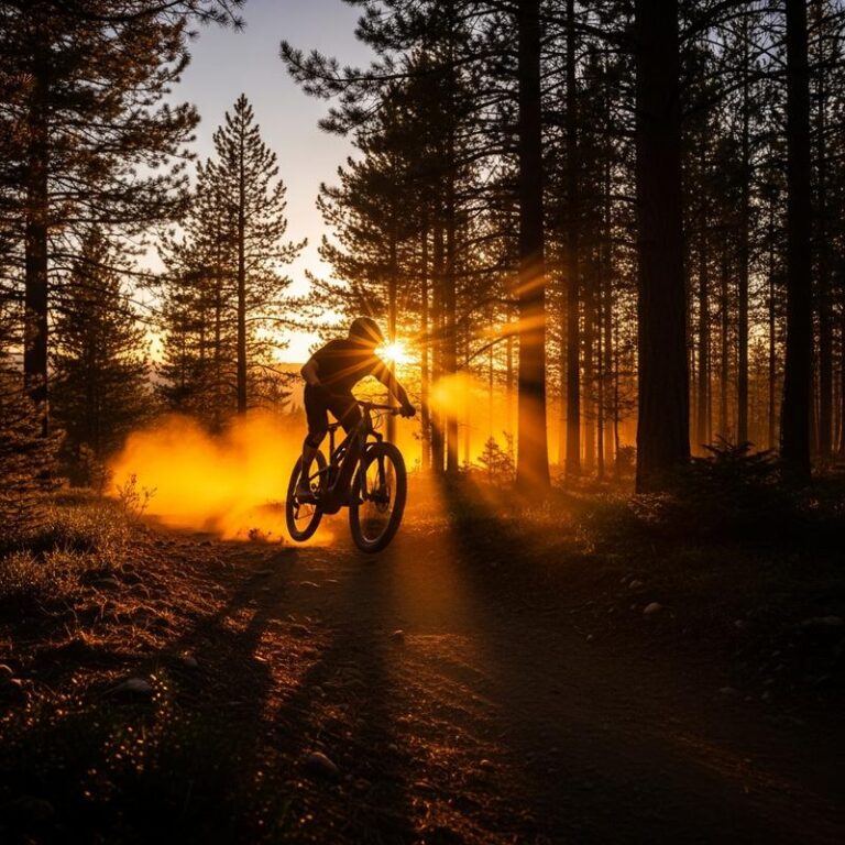 VTT électrique moderne dévalant à toute vitesse un sentier forestier poussiéreux sous une lumière dorée, avec un effet de flou de mouvement sur le cycliste