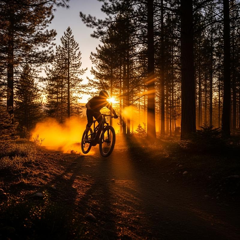 VTT électrique moderne dévalant à toute vitesse un sentier forestier poussiéreux sous une lumière dorée, avec un effet de flou de mouvement sur le cycliste