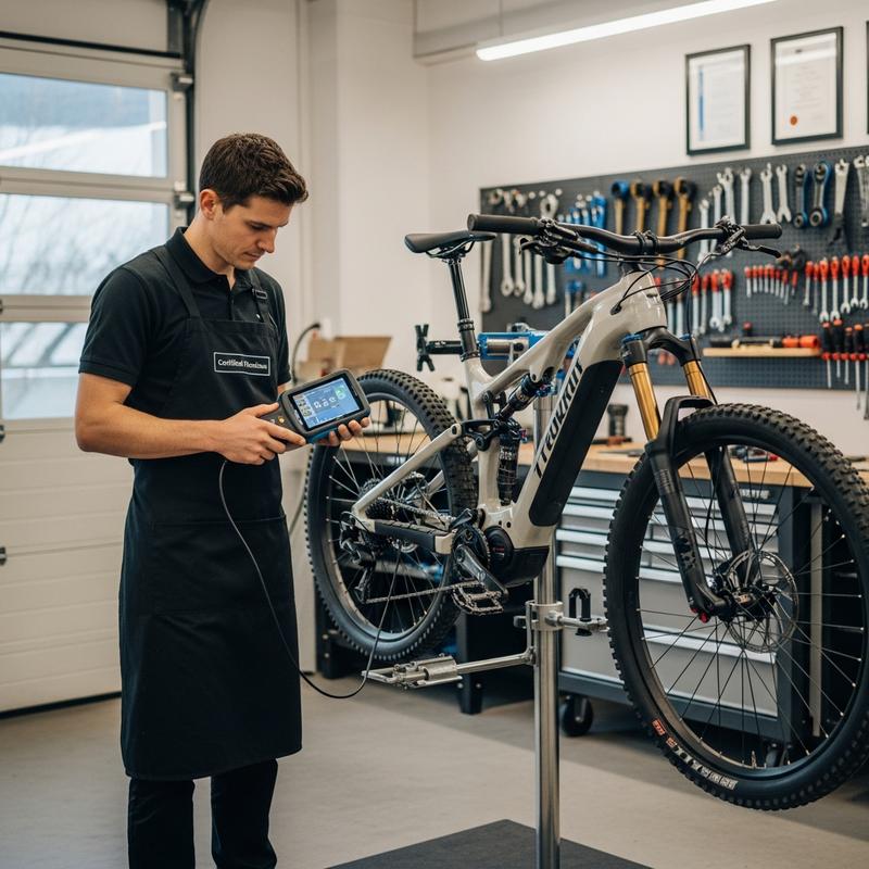 Mécanicien en tablier inspectant le cadre d'un VTT électrique haut de gamme avec un outil de diagnostic dans un atelier moderne
