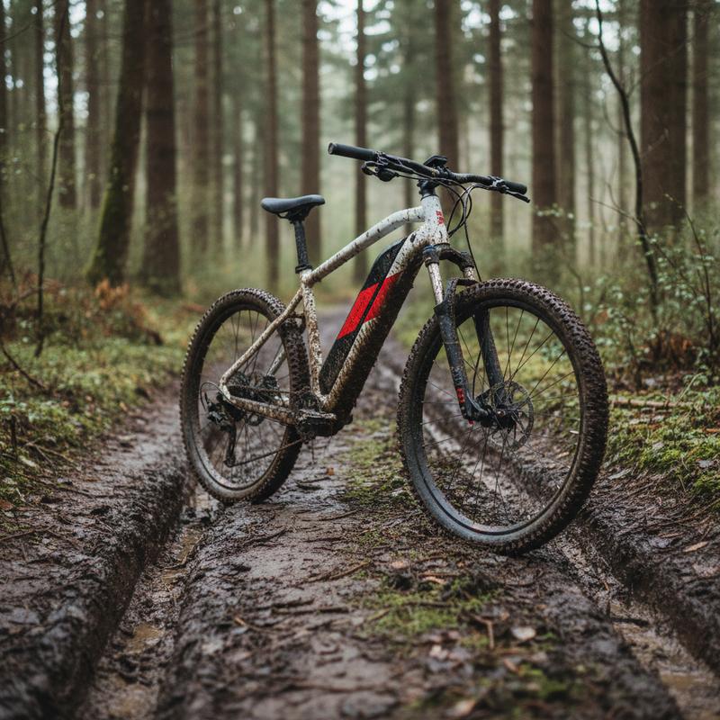 VTT électrique Rockrider E-EXPL vu de trois quarts avant sur un sentier forestier boueux et humide