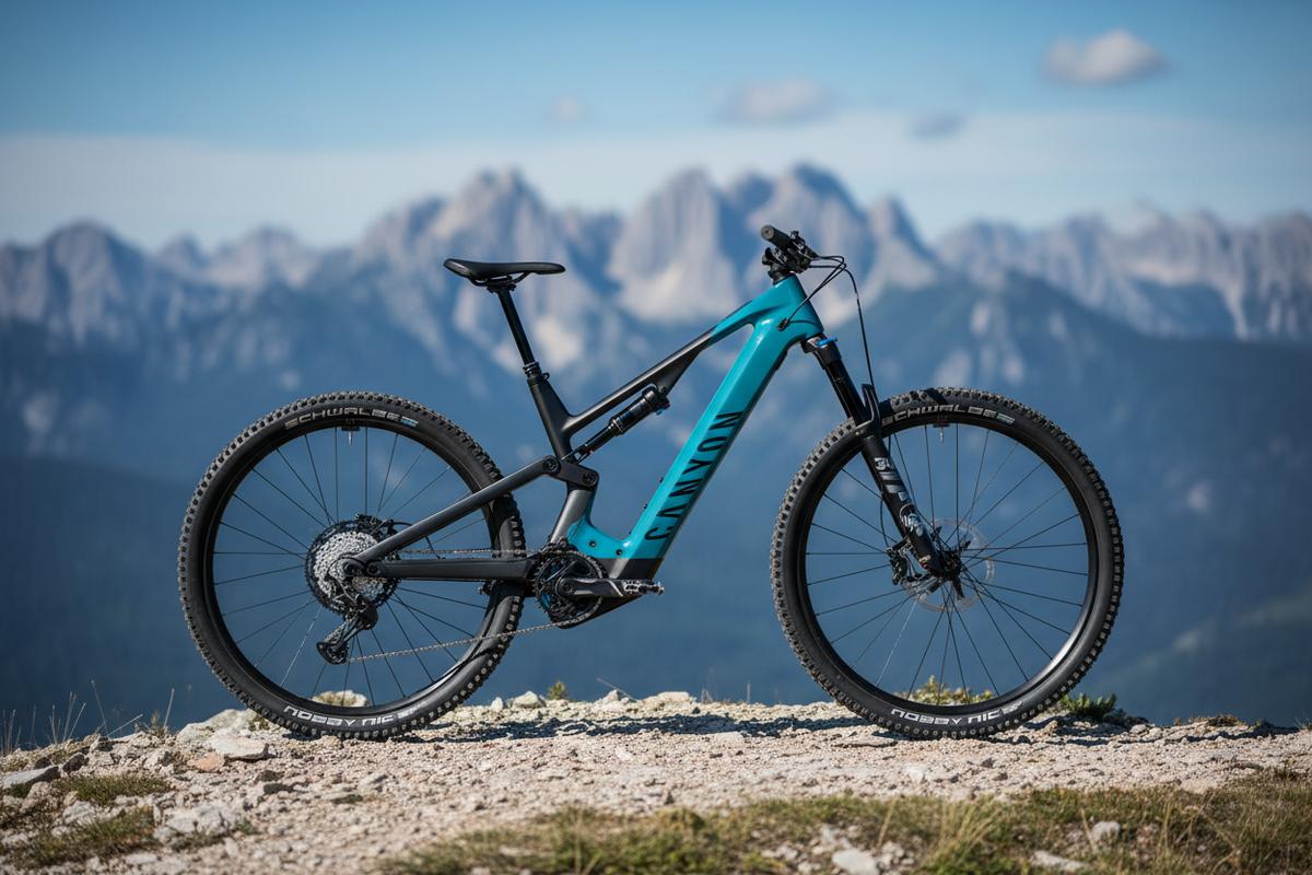 VTT électrique Canyon Neuron:ON posé de profil sur une crête rocheuse avec des montagnes floues en arrière-plan sous un ciel bleu