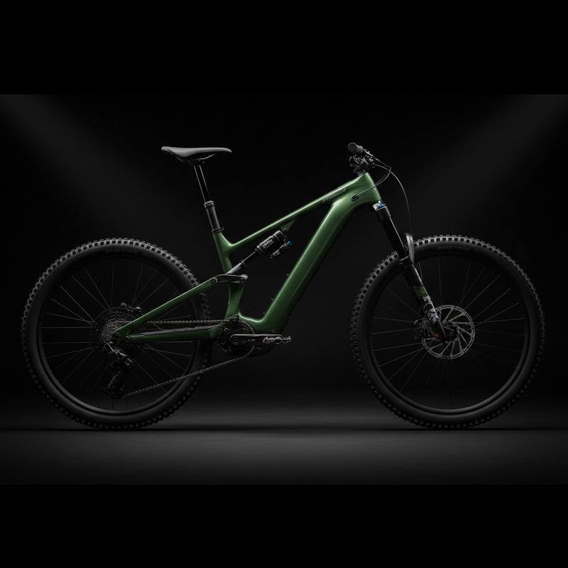 VTT électrique Specialized Turbo Levo sous un éclairage studio sombre accentuant les courbes du cadre en carbone et les suspensions