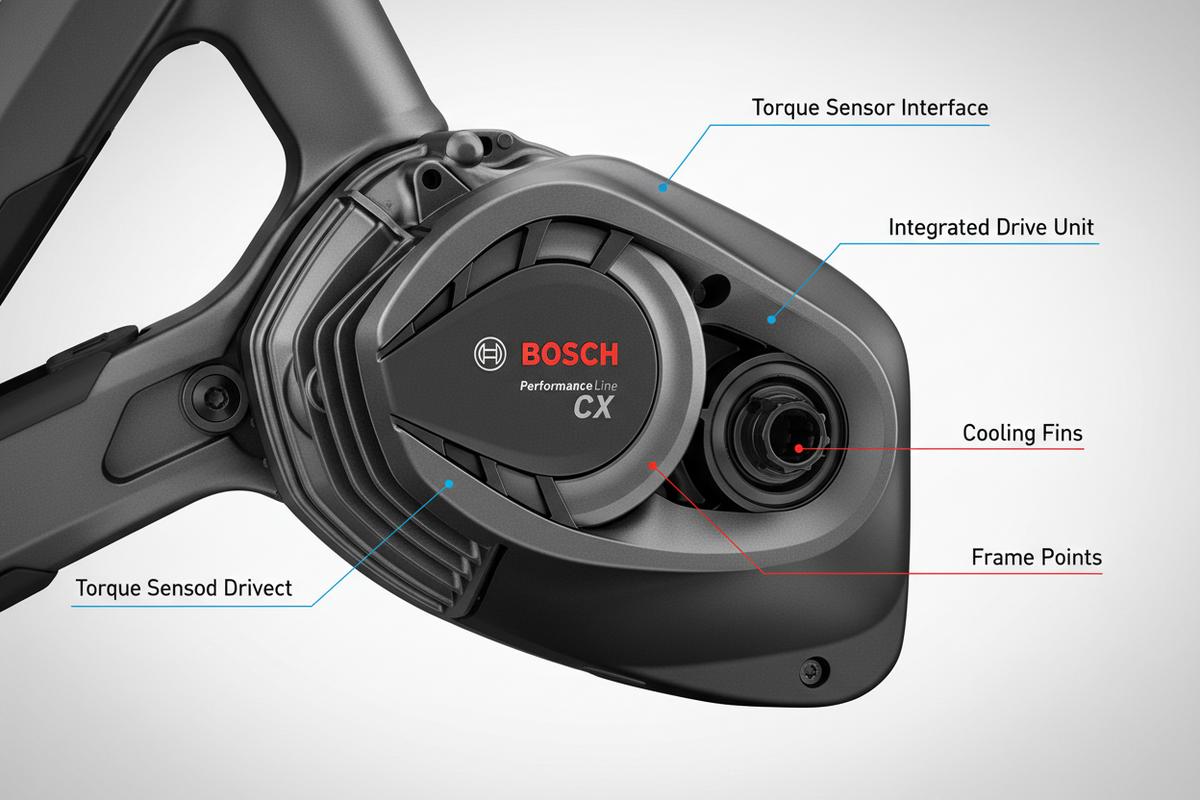 Vue macro du carter moteur Bosch Performance Line CX mettant en valeur le logo et la finition métallique