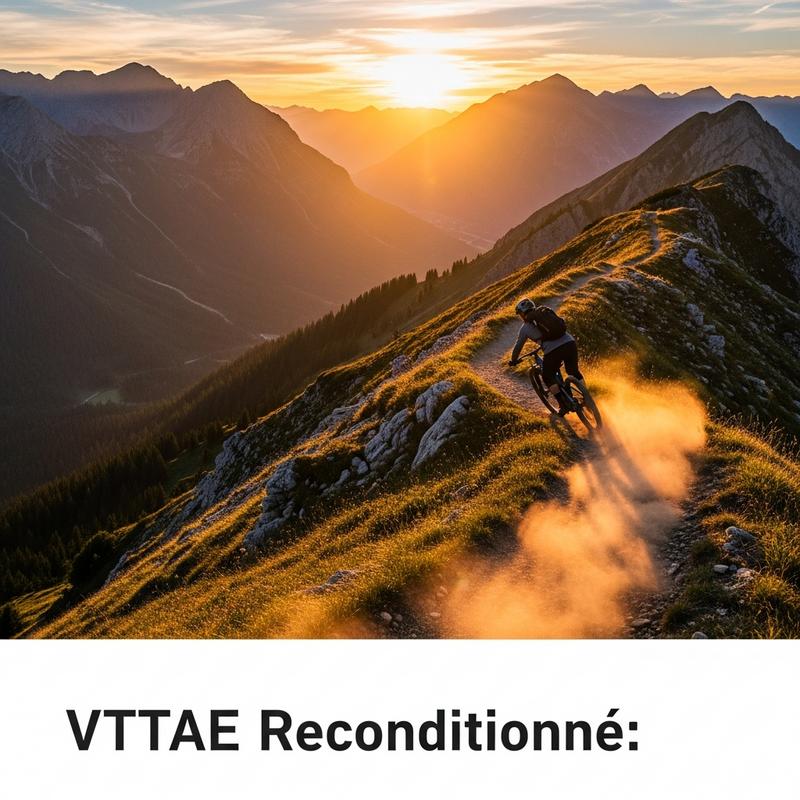 Cycliste sur un VTT électrique performant parcourant une crête montagneuse à l'heure dorée, avec le texte superposé VTTAE Reconditionné