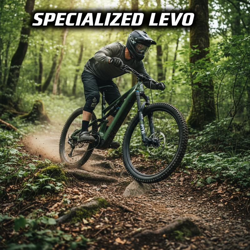 VTT électrique Specialized Turbo Levo gravissant un sentier rocheux technique en forêt avec texte superposé Specialized Levo