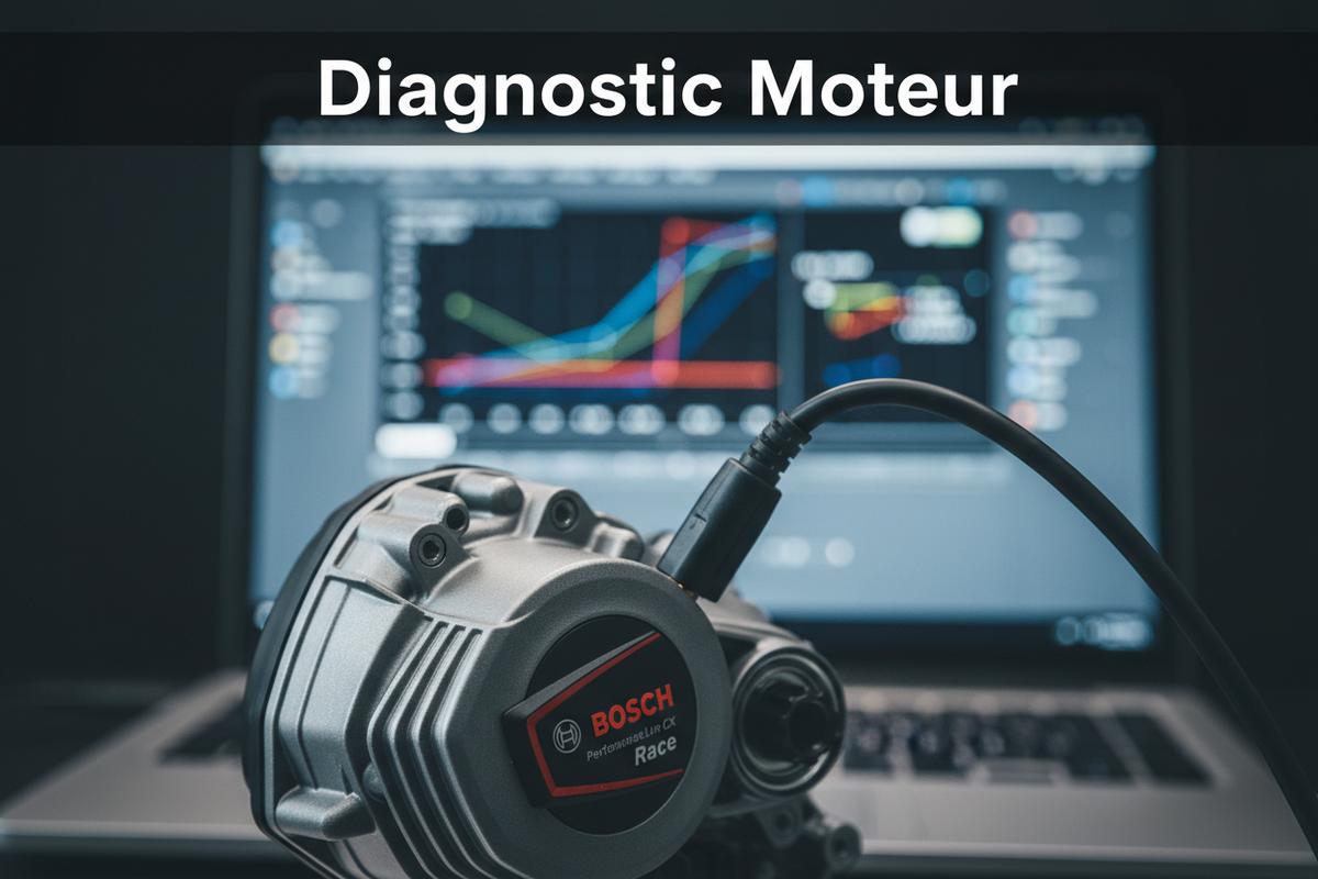 Gros plan sur un moteur Bosch Performance Line CX connecté à un câble de diagnostic, avec la mention Diagnostic Moteur en surimpression