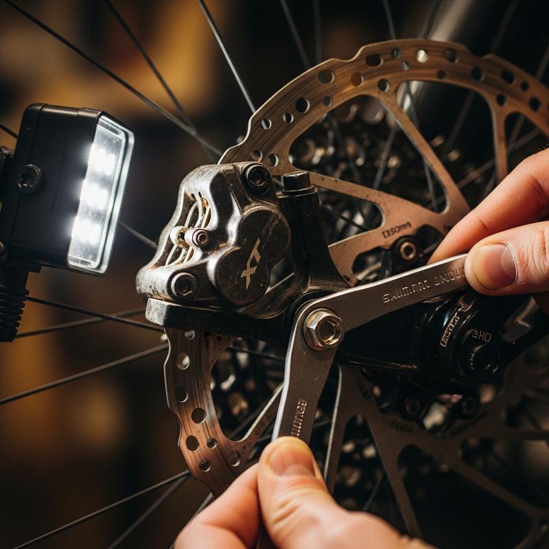 Gros plan sur la main d'un mécanicien ajustant un étrier de frein à disque hydraulique de VTT avec un outil de précision dans un atelier