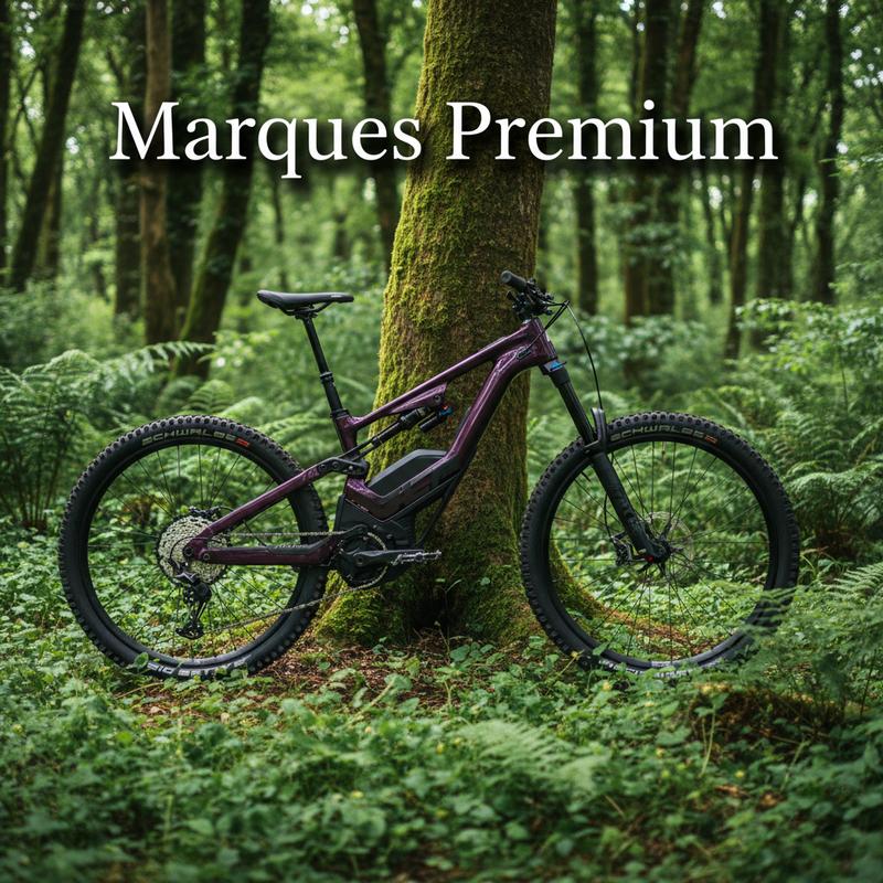 VTT électrique Lapierre Overvolt appuyé contre un arbre dans une forêt ensoleillée, avec le texte Marques Premium en surimpression