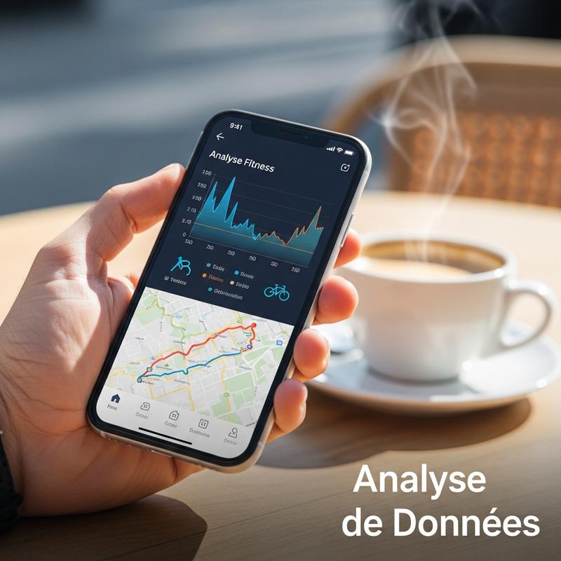 Gros plan d'une main tenant un smartphone affichant des graphiques de performance cycliste sur une terrasse de café, avec le texte superposé Analyse de Données