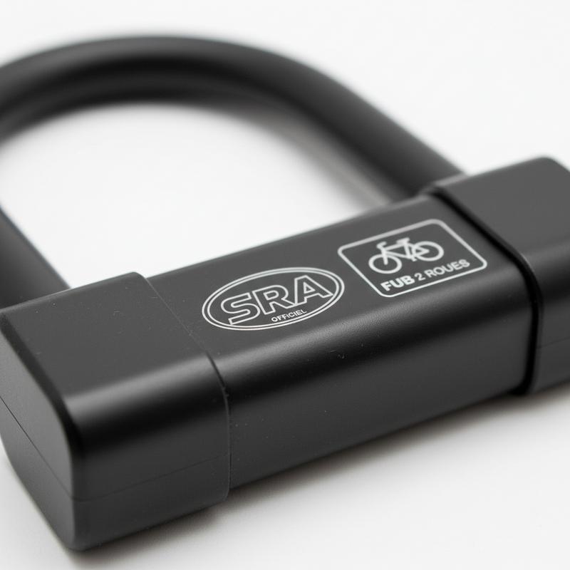 Gros plan sur le corps métallique d'un antivol haute sécurité affichant le logo de certification SRA ou FUB 2 Roues