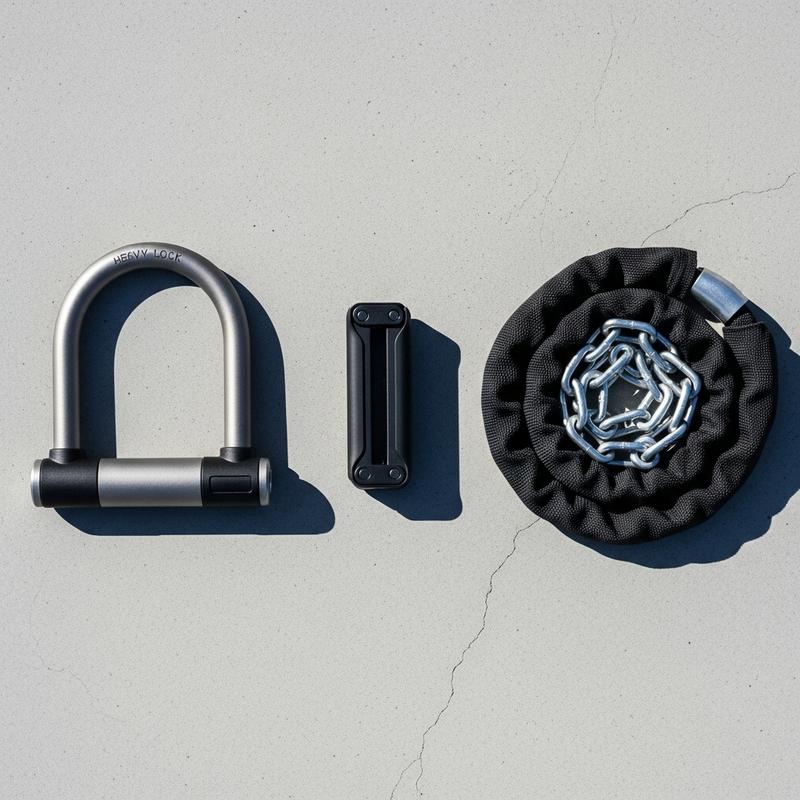 Vue de dessus comparative de trois types d'antivols vélo posés sur du béton : un cadenas en U, un antivol pliant et une chaîne gainée