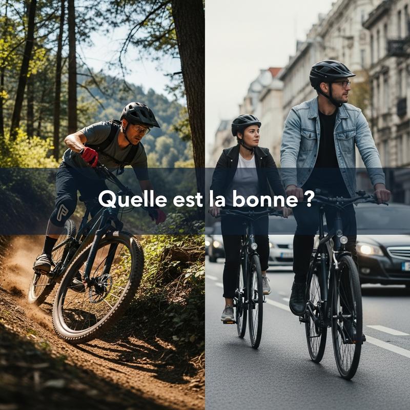 Collage comparatif montrant un VTT sur sentier, un cycliste urbain dans le trafic et un vélo de route sur asphalte, avec la question Quelle est la bonne ?