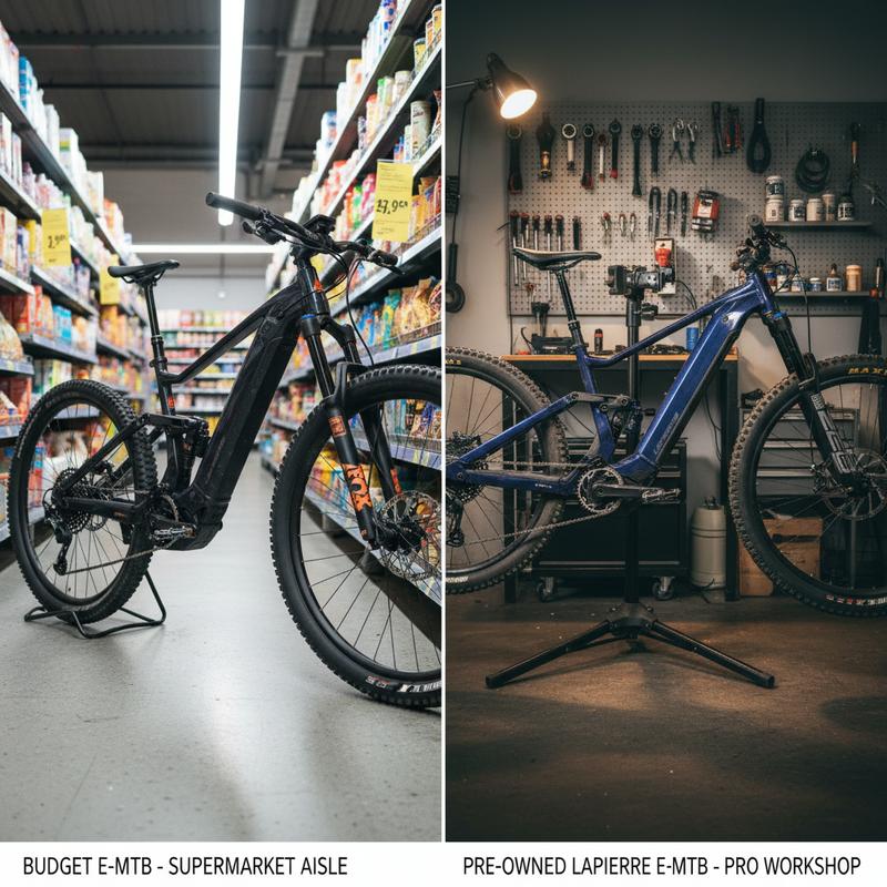Comparatif visuel : VTT électrique bas de gamme en rayon supermarché contre VTT Lapierre premium en atelier