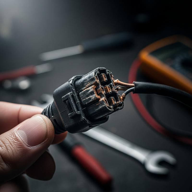 Gros plan macro sur la main d'un mécanicien tenant un connecteur de batterie électrique générique corrodé, sur fond d'atelier sombre et flou