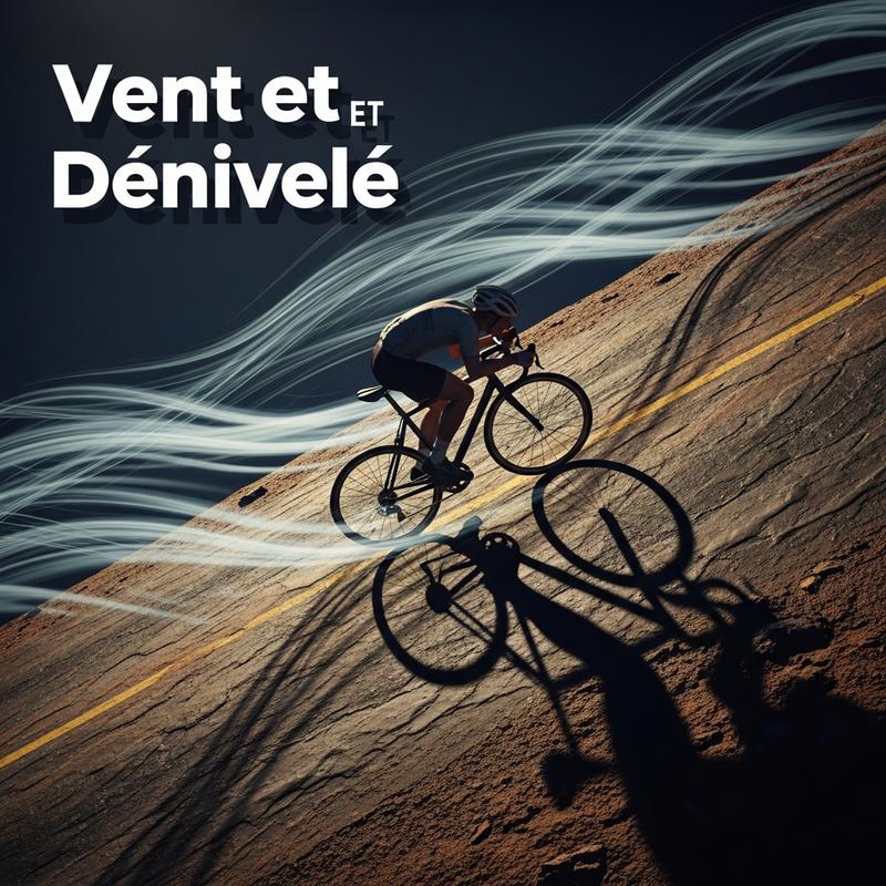 Illustration 3D semi-réaliste d'un cycliste en plein effort dans une montée raide face au vent, avec le texte superposé Vent et Dénivelé