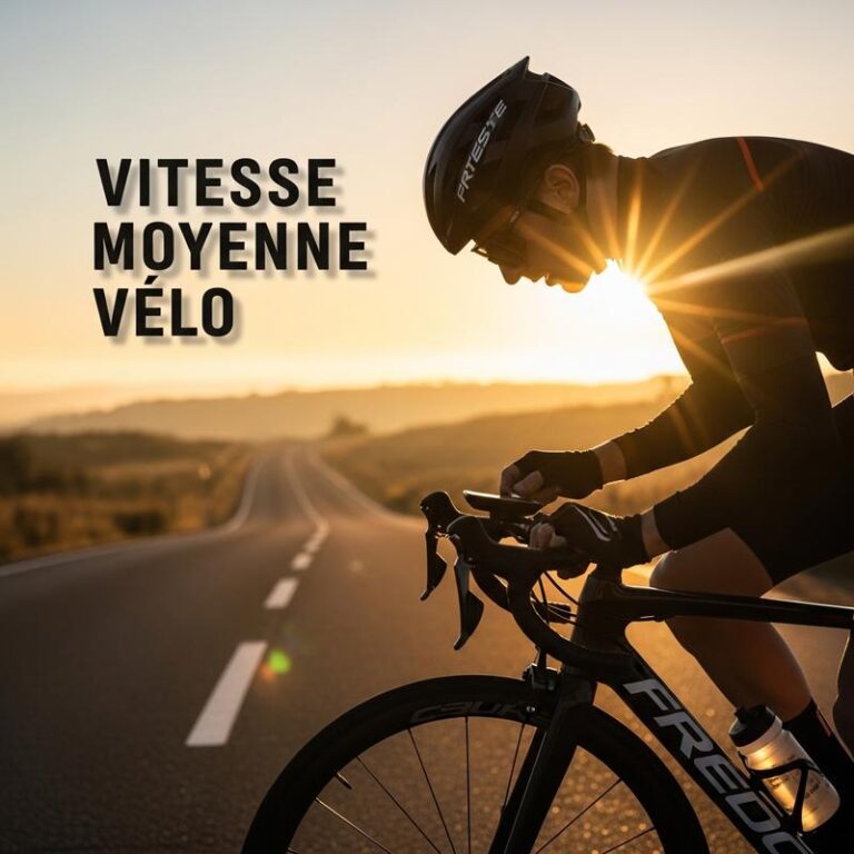 Cycliste sur route consultant son compteur GPS au lever du soleil avec le texte superposé Vitesse Moyenne Vélo
