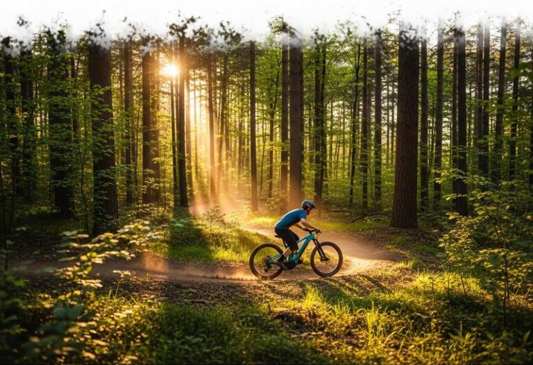 Cycliste naviguant sur un sentier forestier en VTT électrique au crépuscule, soulevant de la poussière sous une lumière dorée filtrant à travers les arbres