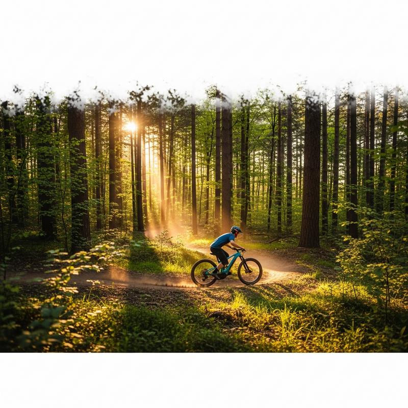 Cycliste naviguant sur un sentier forestier en VTT électrique au crépuscule, soulevant de la poussière sous une lumière dorée filtrant à travers les arbres