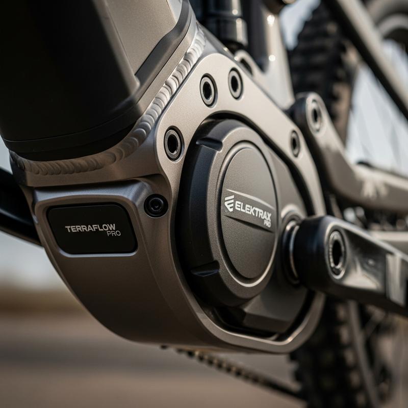 Gros plan en contre-plongée du moteur central et du pédalier d'un VTT électrique performant sur un sentier rocheux