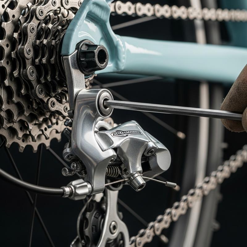 Gros plan macro sur le réglage d'un dérailleur et d'une chaîne de vélo avec un outil, affichant le texte Conseils d'Expert