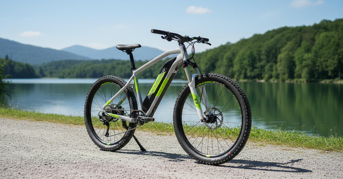 VTT électrique Rockrider E-ST 500 vu de trois-quarts avant stationné sur un sentier de gravier bordant un lac