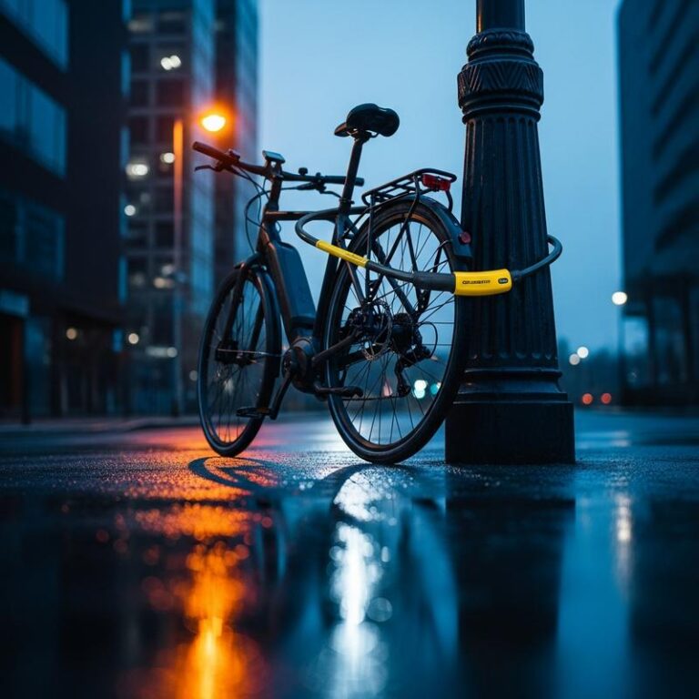 Vélo électrique moderne sécurisé par un solide antivol en U jaune et noir à un poteau métallique dans une rue urbaine sombre au crépuscule