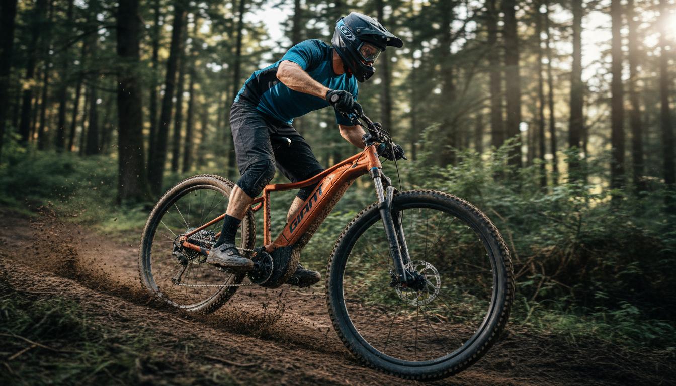 VTT électrique Giant Talon E+ montant une piste forestière boueuse avec un effet de vitesse sur les arbres en arrière-plan