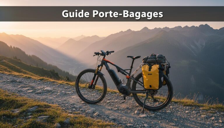 VTT électrique avec porte-bagages et sacoches étanches sur un sentier alpin au crépuscule, texte Guide Porte-Bagages en superposition.