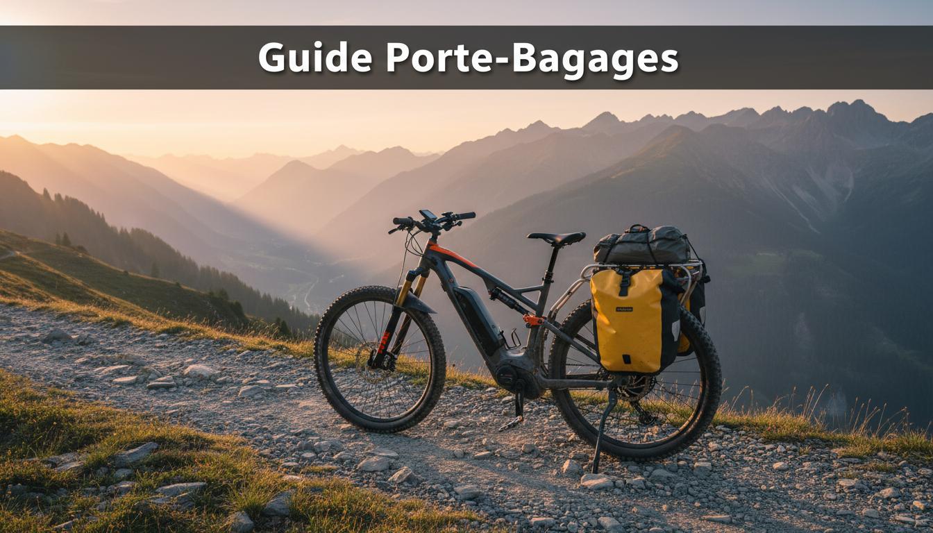 VTT électrique avec porte-bagages et sacoches étanches sur un sentier alpin au crépuscule, texte Guide Porte-Bagages en superposition.