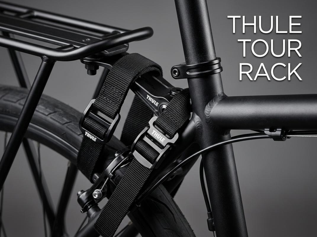 Porte-bagages arrière Thule Tour Rack en aluminium noir fixé aux haubans d'un vélo par des sangles en nylon robustes sur fond gris.